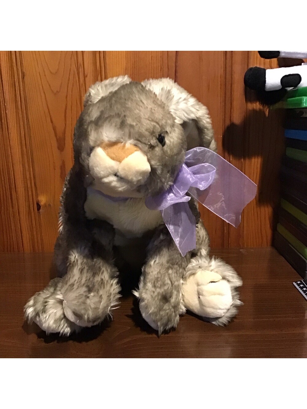 Vintage Caltoy Gray White Easter Bunny Plush Fluffy Frosted Ribbon 15"